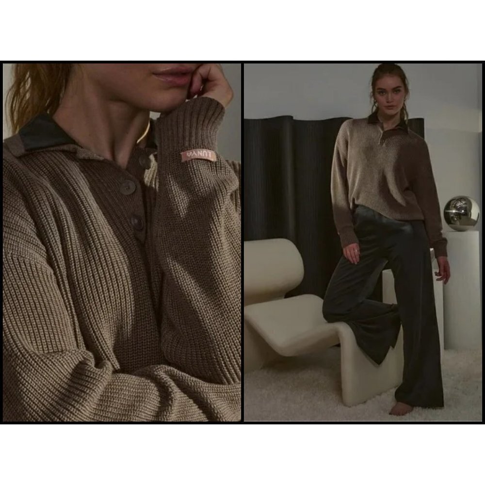 💕LUNYA💕 Cozy Cotton Silk Polo Pullover Sweater ~ Botanical Brown Heather M NWT